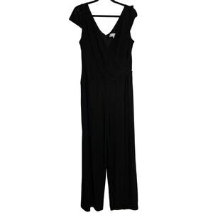 Emma & Michele Jumpsuit Size Large Black Faux Wrap Front Lace Cap Sleeves NWT